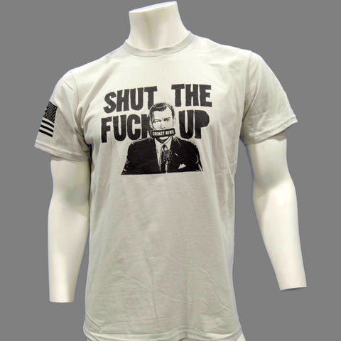 The American Lictor Collab Tee: Grimzy-STFU is a white, compacted ring-spun cotton shirt featuring a suited man with SHUT THE FUCK UP above, an American flag on the left sleeve, and a gray background. Check our size guide for your best fit.