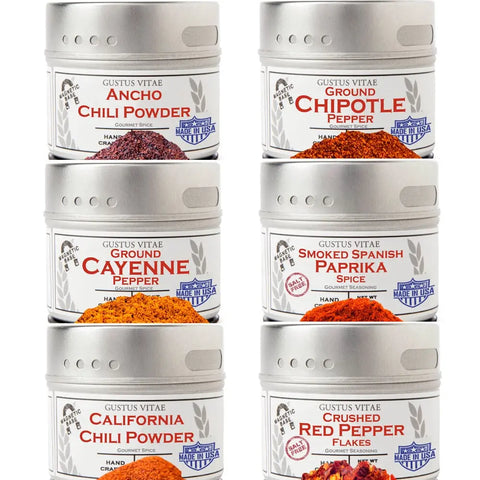 Gustus Vitae’s Ground Single Ingredient Pepper Collection features six spice tins—Ancho, Chipotle, Cayenne, Smoked Spanish Paprika, California, and Crushed Red Pepper Flakes—for a gourmet kitchen pepper set.