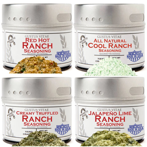 The Gustus Vitae All Ranch Everything Collection | Set of 4 is displayed, featuring Red Hot Ranch, All Natural Cool Ranch, Creamy Truffled Ranch, and Jalapeno Lime Ranch tins, each with its distinctive seasoning in front.