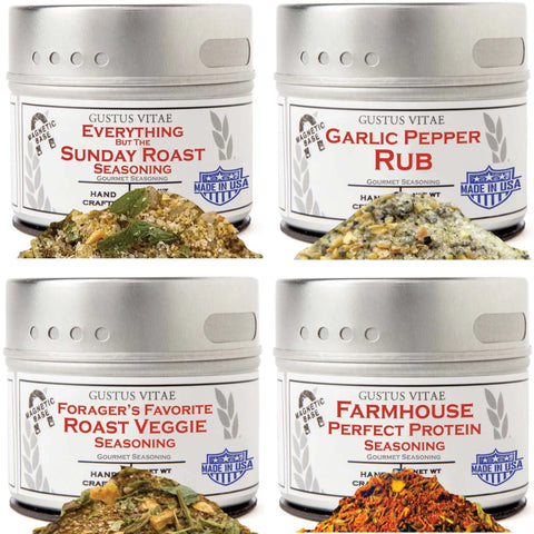 Four tins of Gustus Vitae Taste of Home – For Your Instant Pot (4 Pack) gourmet seasonings, each unique spice blend arranged with a sample in front.