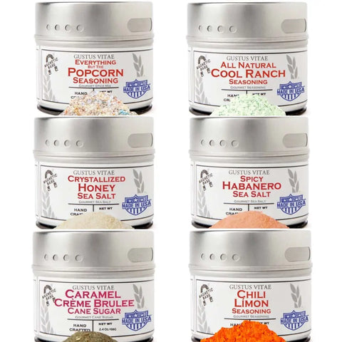 Gustus Vitae’s Ultimate Popcorn Seasoning Set - Six Pack features Everything Popcorn, All Natural Cool Ranch, Crystallized Honey Sea Salt, Spicy Habanero Sea Salt, Caramel Crème Brulee Cane Sugar, and Chili Limon Seasoning.