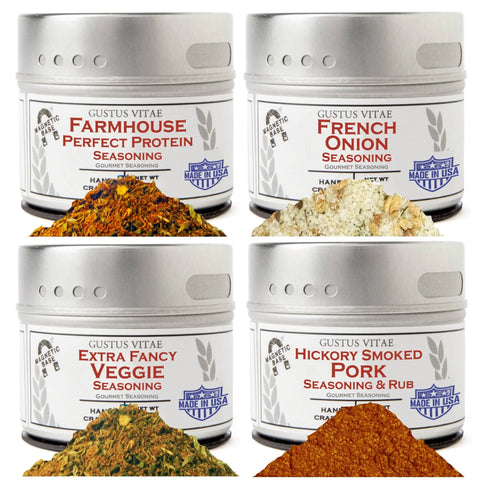 The Gustus Vitae Home Cooking & Entertaining Gift Set includes four gourmet spice tins—Farmhouse Perfect Protein, French Onion, Extra Fancy Veggie, and Hickory Smoked Pork—ideal for seasoning enthusiasts and holiday gifting.