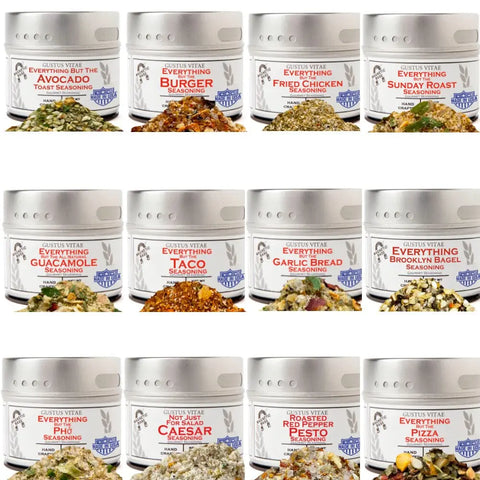 The Gustus Vitae Ultimate Everything but The...Everything Seasonings Collection features 12 gourmet, hand-made spice tins, including flavors like Taco and Caesar—perfect for elevating all your favorite dishes.