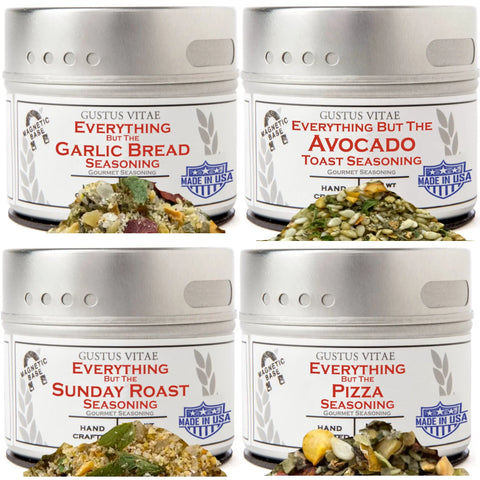 The Gustus Vitae Everything but the Weekender Collection features four tins—Garlic Bread, Avocado Toast, Sunday Roast, and Pizza seasonings—each artisanal blend shown up close with a Made in USA label.