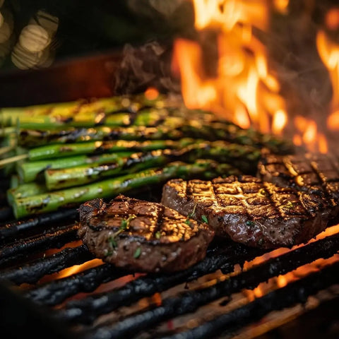 Steaks and asparagus sizzle over open flames, seasoned with Gustus Vitaes Grill Master Collection - 4 Pack, handmade in the USA, with perfect char marks on meat and veggies.