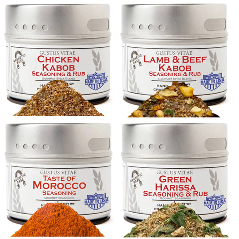 The Complete Kabob Collection by Gustus Vitae includes four tins—Chicken Kabob, Lamb & Beef Kabob, Taste of Morocco, and Green Harissa—each showcasing bold Mediterranean spices.