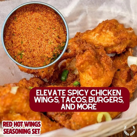 A basket of crispy chicken wings topped with green onions sits beside the Gustus Vitae Red Hot Wing Spice Set. Text: Elevate wings, tacos, burgers & more with Gustus Vitae’s gourmet seasoning collection, made in USA.