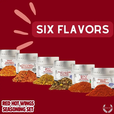 The Gustus Vitae Red Hot Wing Spice Set, a gourmet seasoning collection made in the USA, features six blends—Hot Honey, Buffalo Wing, Spicy Thai, Peri Peri, Bala & Sweet Heat BBQ—with colorful spice piles on a bold red background.