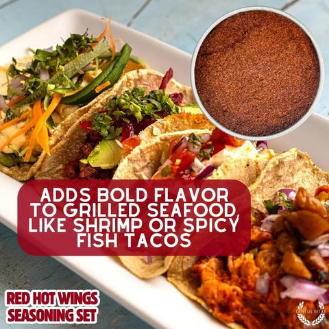 A plate of grilled seafood tacos with fresh veggies is next to a bowl of red seasoning. Text: Add bold flavor to grilled shrimp or fish tacos with Gustus Vitae Red Hot Wing Spice Set—gourmet blends, made in the USA.
