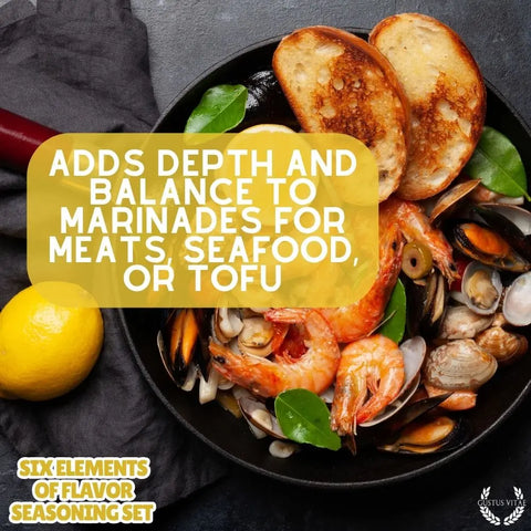 A bowl of seafood stew with shrimp, mussels, and herbs is served with toasted bread and a lemon half. Overlaid text: Add depth to marinades with Gustus Vitae Six Flavor Seasoning Set – Gourmet Spice Collection. Made in USA.