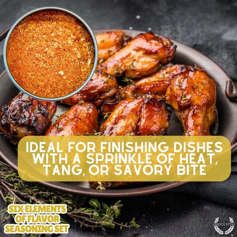 A plate of glazed chicken wings garnished with herbs, with a close-up of red seasoning. Text reads: Elevate meals with Gustus Vitae’s Six Flavor Seasoning Set—Gourmet spice collection made in the USA.