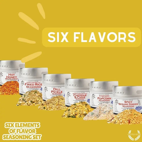 Six colorful piles of gourmet seasonings in labeled containers: Hot Honey, Fried Rice, Dill Pickle, Cheddar & Chive, Popcorn, and Sesame Ginger. Text: “Six Flavors” and “Gustus Vitae Six Flavor Seasoning Set – Gourmet Spice Collection.”.