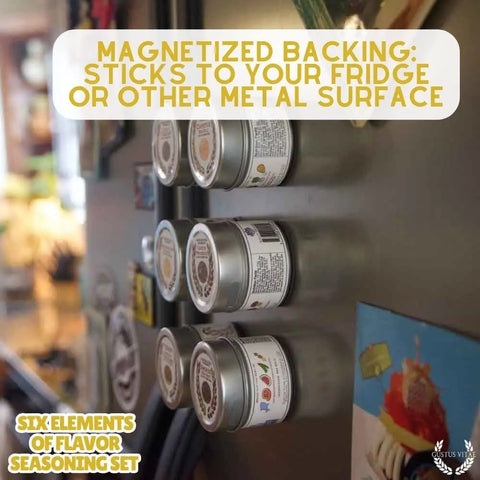 The Gustus Vitae Six Flavor Seasoning Set includes six labeled metal tins filled with gourmet spices, featuring magnetized backs to stick to your fridge or other metal surfaces. Made in the USA by Gustus Vitae.