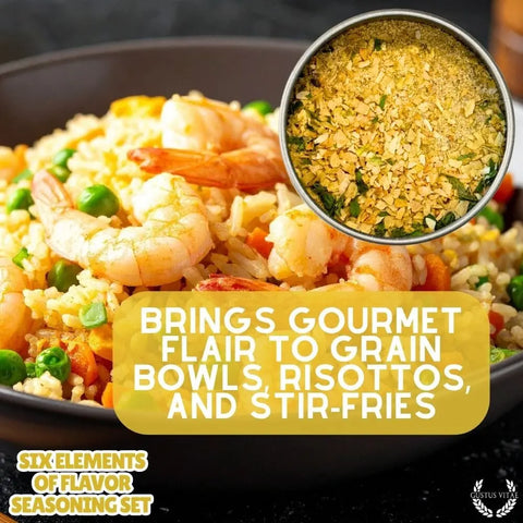 A close-up of a shrimp and veggie rice bowl with a yellow seasoning inset. Text: Elevate grain bowls, risottos, and stir-fries with Gustus Vitae Six Flavor Seasoning Set – Gourmet Spice Collection, proudly made in the USA.