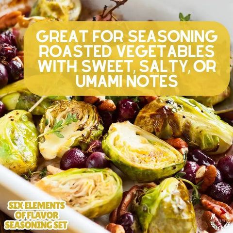 Roasted Brussels sprouts, grapes, and pecans in a white baking dish with overlay text: "Enhance sweet, salty, or umami flavors with Gustus Vitae Six Flavor Seasoning Set – Gourmet Spice Collection. Made in USA." Text boxes highlight the artisanal spice blends.