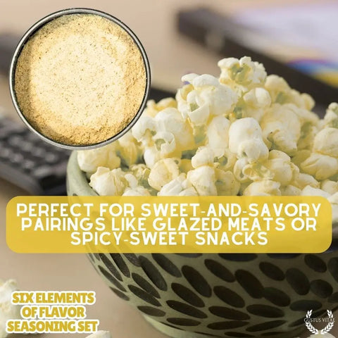A bowl of popcorn sits on a table, with a close-up inset of fine seasoning powder. Text overlay: Elevate snacks or meals with Gustus Vitae Six Flavor Seasoning Set—gourmet spices for delicious sweet-and-savory pairings. Made in USA.