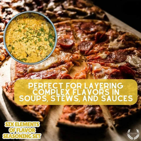 A close-up of pizza with an inset of seasoned soup. Text: Elevate soups, stews, and sauces with Gustus Vitae Six Flavor Seasoning Set—gourmet spice collection made in the USA.