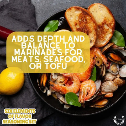 A pan of shrimp, clams, and mussels with herbs and toast. Overlay highlights Gustus Vitae Six Flavor Seasoning Set – Gourmet Spice Collection (Made in USA), perfect for adding depth to marinades for meats, seafood, or tofu.