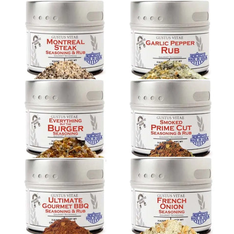 The Gustus Vitae Gourmet BBQ Steak & Beef Seasoning Gift Set - Six Pack includes six unique tins: Montreal Steak, Garlic Pepper, Everything Burger, Smoked Prime Cut, Ultimate Gourmet BBQ, and French Onion.