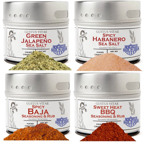 The Gustus Vitae Spicy Collection—Kitchen, Cooking and Grilling Essentials Set of 4—features Green Jalapeño Sea Salt, Spicy Habanero Sea Salt, Spicy Baja Seasoning & Rub, and Sweet Heat BBQ. Perfect grilling essentials for any cookout.