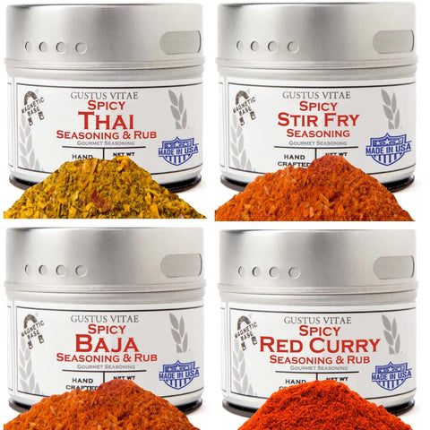 The Gustus Vitae Spicy One Pot Wonders 4 Pack—authentic gourmet seasonings and spice blends—is shown with vibrant piles of spices in front of each tin, perfect for adding bold flavors to one pot cooking.