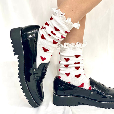 Women’s Lace Trim Heart Pattern Ankle Socks – Cotton Blend Red White | Made in USA