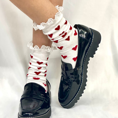 Women’s Lace Trim Heart Pattern Ankle Socks – Cotton Blend Red White | Made in USA