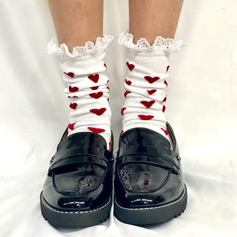 Women’s Lace Trim Heart Pattern Ankle Socks – Cotton Blend Red White | Made in USA