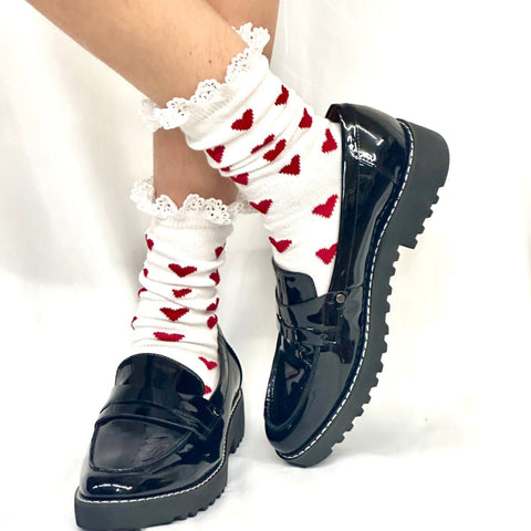 Women’s Lace Trim Heart Pattern Ankle Socks – Cotton Blend Red White | Made in USA