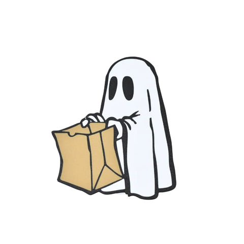 A cartoon ghost with black eyes holds a brown paper bag, set on a white background. Chatelet Manufacturings Halloween Decorative Fridge Magnets are perfect spooky party decorations and festive decor, made in the USA.