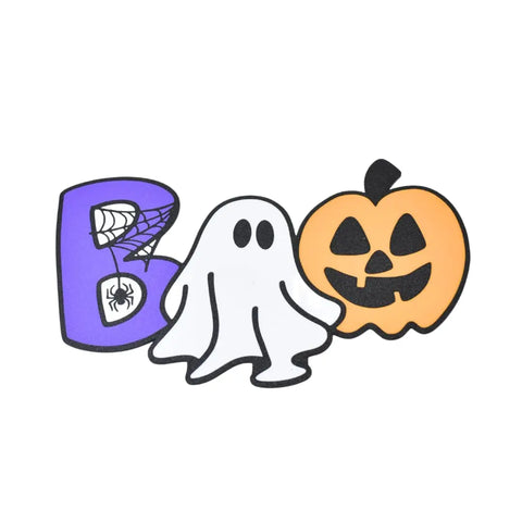 Chatelet Manufacturing’s Halloween Decorative Fridge Magnets spell “Boo” with a purple B (spider and web), ghost-shaped second O, and orange jack-o-lantern—perfect spooky Halloween party decorations, made in the USA.