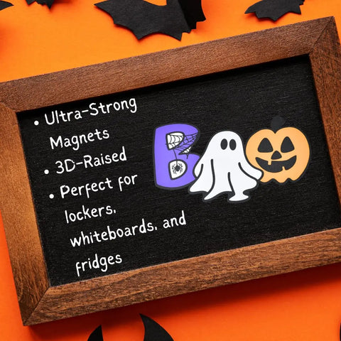 A chalkboard displays “Ultra-Strong Magnets, 3D-Raised, Perfect for lockers, whiteboards, and fridges” with BOO-shaped Halloween Decorative Fridge Magnets by Chatelet Manufacturing—fun party decor made in the USA.
