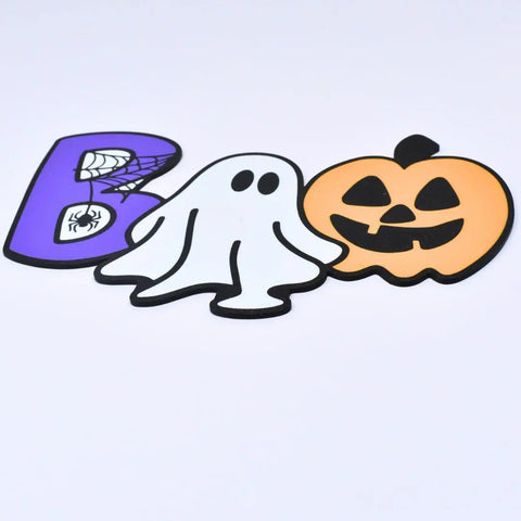 Chatelet Manufacturing’s Halloween Decorative Fridge Magnets spell “BOO” with a purple spider web B, a ghost O, and an orange pumpkin O—perfect spooky Halloween party decorations. Made in USA.