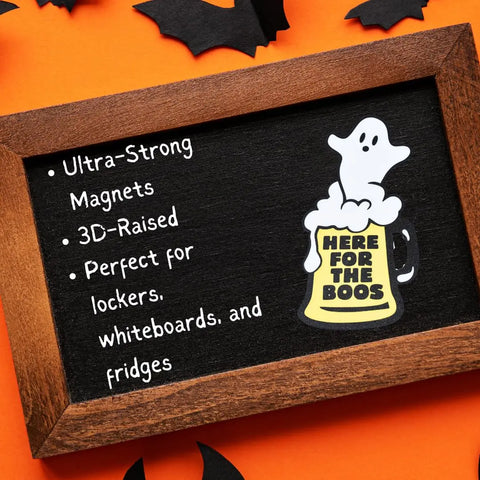 Chatelet Manufacturing’s Halloween Decorative Fridge Magnets, made in the USA, feature a ghost with a Here for the Boos beer mug on an orange background. These ultra-strong 3D magnets are perfect Halloween party decorations for fridges, lockers, or whiteboards.