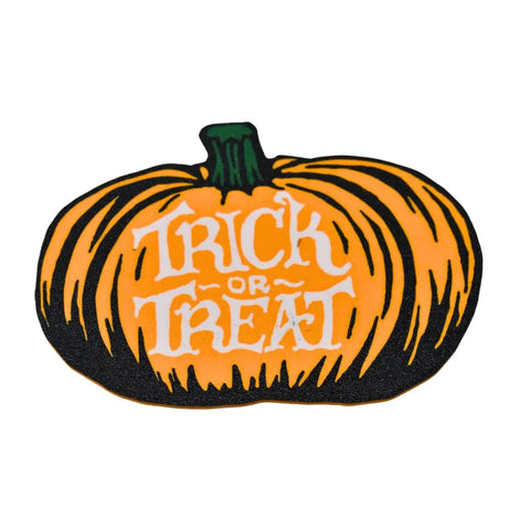 An illustration of an orange pumpkin with TRICK OR TREAT in white decorates the Chatelet Manufacturing Halloween Decorative Fridge Magnet, perfect for spooky Halloween party decorations. Made in the USA and stands out on any fridge or white background.