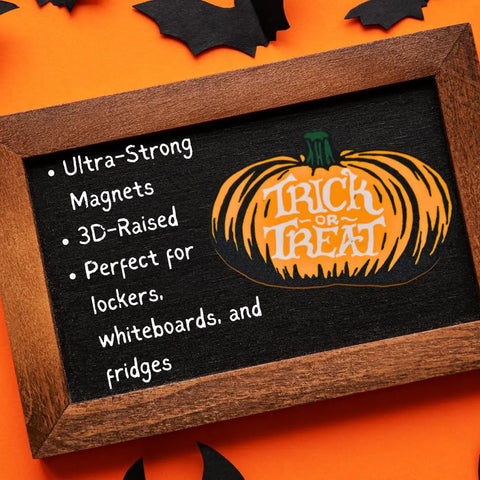 Chatelet Manufacturing’s Halloween Decorative Fridge Magnets, made in the USA, feature ultra-strong 3D-raised pumpkin “Trick or Treat” designs—perfect spooky décor for lockers, fridges, and whiteboards. Includes festive bats and orange accents.