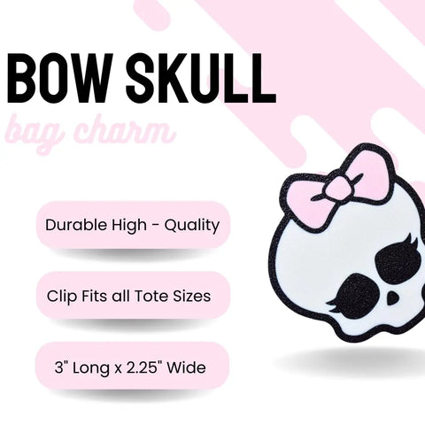 The FRESHe BAGLETS Halloween Cute Pink Bow & Skull Charm by Chatelet Manufacturing is a high-quality, USA-made rubber tote bag accessory. This white skull charm with pink accents fits all tote sizes and measures 3x2.25.