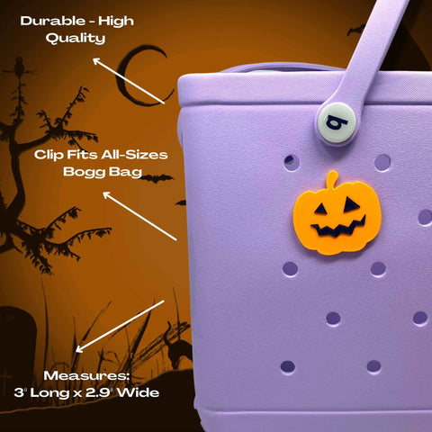 Close-up of a lavender tote featuring the Chatelet Manufacturing BOGLETS Halloween Jack O Lantern charm—durable, high quality, fits all-size Bogg Bags (3 x 2.9). Perfect Halloween bag accessory with spooky vibes.
