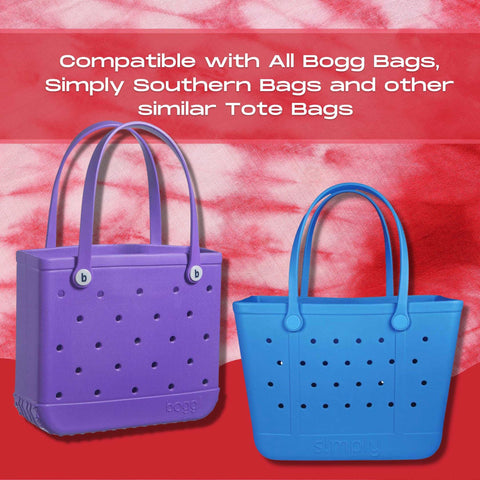 Two large tote bags, purple and blue, are shown on a red and white background. Text above: BOGLETS - Halloween Tote Bag Charms (Jack O’ Lantern) by Chatelet Manufacturing. Compatible with Bogg Bags and similar tote styles.