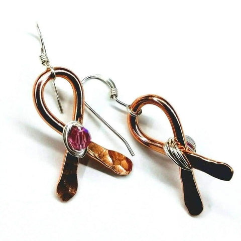 Hammered Copper Breast Cancer Ribbon Earrings – Sterling Silver Wire Wrap | Made in USA Alexa Martha Designs  Earrings