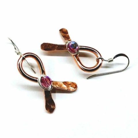 Hammered Copper Breast Cancer Ribbon Earrings – Sterling Silver Wire Wrap | Made in USA Alexa Martha Designs  Earrings