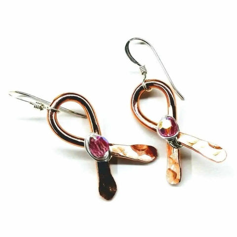 Hammered Copper Breast Cancer Ribbon Earrings – Sterling Silver Wire Wrap | Made in USA Alexa Martha Designs  Earrings