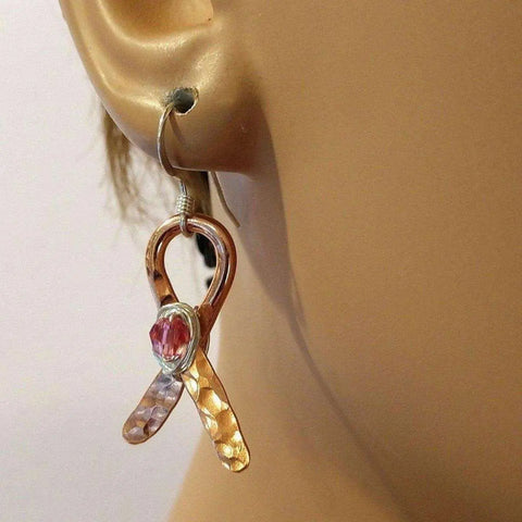 Hammered Copper Breast Cancer Ribbon Earrings – Sterling Silver Wire Wrap | Made in USA Alexa Martha Designs  Earrings