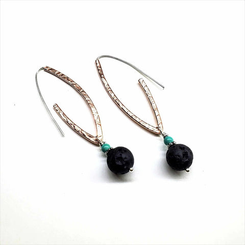 Hammered Copper Oval Hoop Earrings – Lava Rock Beads with Sterling Silver Accents | Made in USA Alexa Martha Designs  Hoop Earrings