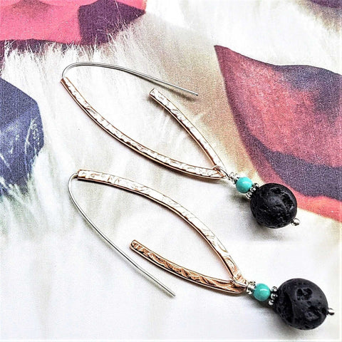 Hammered Copper Oval Hoop Earrings – Lava Rock Beads with Sterling Silver Accents | Made in USA Alexa Martha Designs  Hoop Earrings