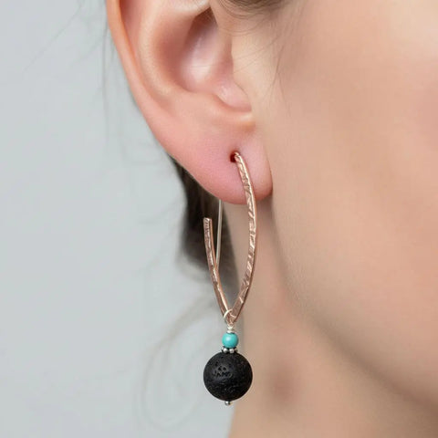 Hammered Copper Oval Hoop Earrings – Lava Rock Beads with Sterling Silver Accents | Made in USA Alexa Martha Designs  Hoop Earrings