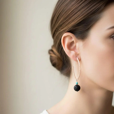 Hammered Copper Oval Hoop Earrings – Lava Rock Beads with Sterling Silver Accents | Made in USA Alexa Martha Designs  Hoop Earrings
