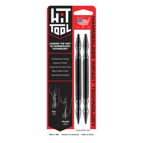 The Dual Nail Starter and Setter Kit by Hammerless Impact Technology includes two metal punches in black packaging with diagrams, a Made in USA mark, and highlights efficient hammerless nail setting as an American-made tool.