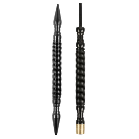 The Pro Combo Kit (Brass) from Hammerless Tools LLC features two black metal tools: one, ideal for removing door hinge pins with pointed tips, and the other a hammerless impact tool with a flat tip and brass-colored cap.