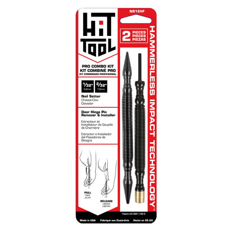 Retail packaging for Hammerless Tools LLC’s Pro Combo Kit (Brass) with hammerless nail setter and hinge pin tool, featuring size info and key highlights on a bold red and white backdrop.